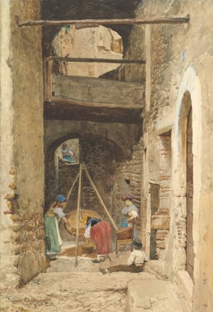 Italian Courtyard and Figures by Cavaliere Pio Joris Oil Painting