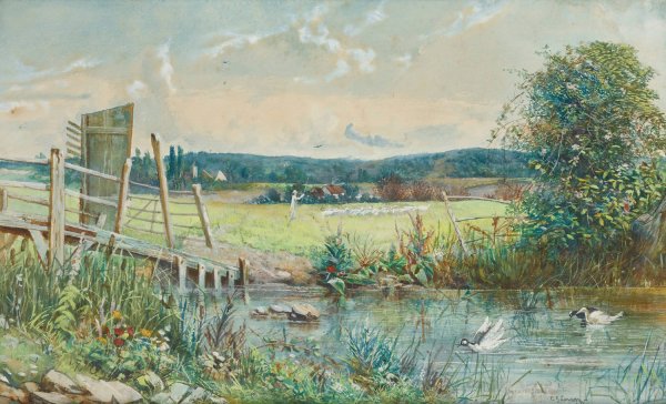 Shepherd and his flock, in a river meadow  by Cecil Gordon Lawson - Hand-Painted Oil Painting Reproduction