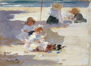 Playing on the Beach by Cecilio Pla y Gallardo Oil Painting