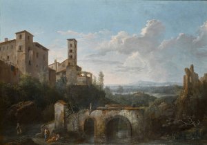 A river landscape with ruins of an aqueduct by Cesar Van Loo Oil Painting