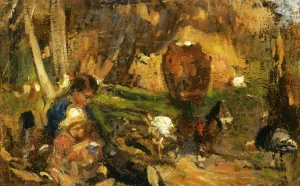 Child in a Farmyard by Cesare Ciani - Oil Painting Reproduction