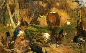 Child in a Farmyard Oil painting by Cesare Ciani