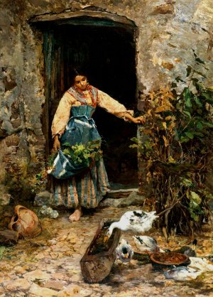 At the kitchen door by Cesare Tiratelli Oil Painting