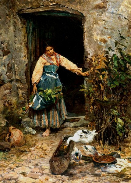 Main Product Photo of At the kitchen door Painting by Cesare Tiratelli