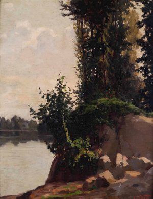 Paesaggio sull'Orba con roccia e rampicante by Cesare Viazzi Oil Painting