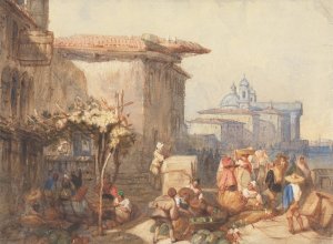 A Market Scene in Venice by Charles Bentley Oil Painting
