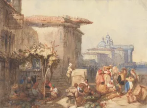 A Market Scene in Venice by Charles Bentley Oil Painting