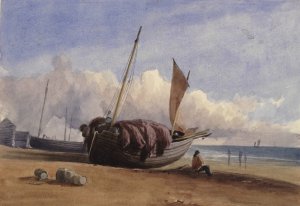 Beached fishing boat with seated fisherman by Charles Bentley Oil Painting
