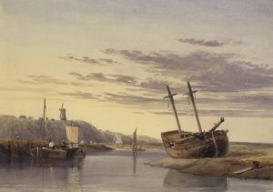 Fishing boats in Rye Harbour, with a windmill in the distance by Charles Bentley Oil Painting