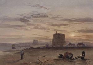 Martello Tower at St. Leonards against setting sun by Charles Bentley Oil Painting