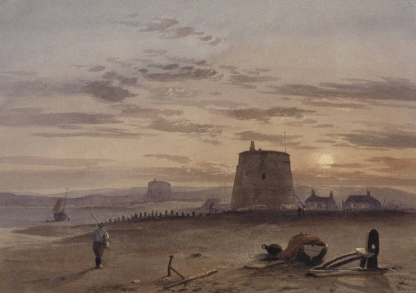 Martello Tower at St. Leonards against setting sun  by Charles Bentley - Hand-Painted Oil Painting Reproduction