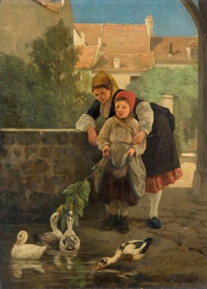 Feeding The Ducks by Charles-Bertrand D'Entraygues Oil Painting