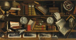 A trompe l'oeil of a collector's study with engravings, drawings, letters and books by Charles Bouillon Oil Painting