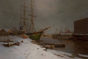 London Harbor in the Snow by Charles Brooke Branwhite Oil Painting