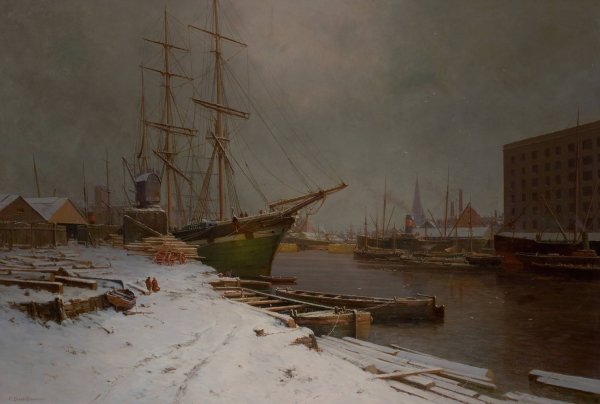 London Harbor in the Snow by Charles Brooke Branwhite - Hand-Painted Oil Painting Reproduction