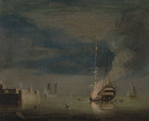 A Two-Decker on Fire at Night off a Fort by Charles Brooking Oil Painting