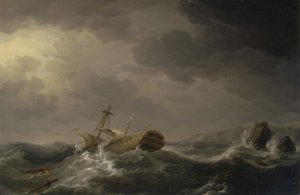 Ship wrecked on a rocky coast by Charles Brooking Oil Painting
