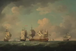 The Capture of the 'Marquis d'Antin'and the 'Louis Erasme' Oil painting by Charles Brooking