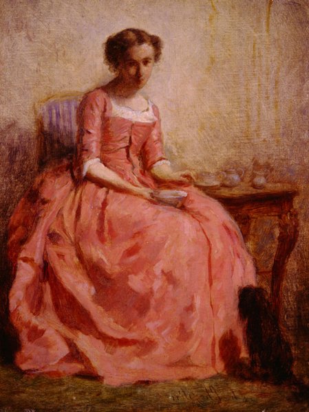 Girl in a Pink Dress Reading, with a Dog by Charles Chaplin - Hand-Painted Oil Painting Reproduction