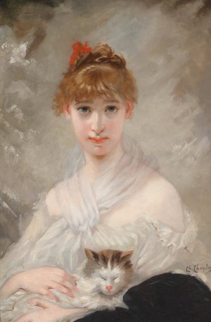 Madchen mit weisem Tuch und Katze by Charles Chaplin Oil Painting