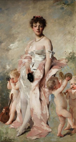 Young woman in ball dress with putti by Charles Chaplin Oil Painting