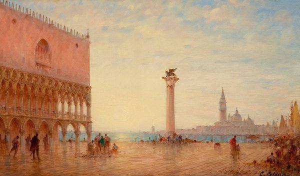 View Of The Piazza San Marco, Venice by Charles Clement Calderon - Hand-Painted Oil Painting Reproduction