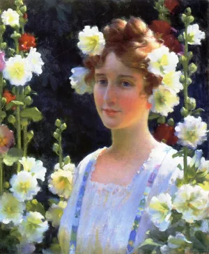 Among the Hollyhocks painting by Charles Curran