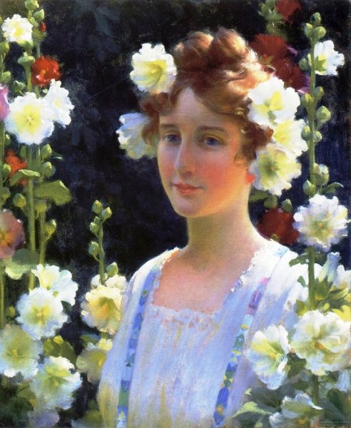 Main Product Photo of Among the Hollyhocks Painting by Charles Curran