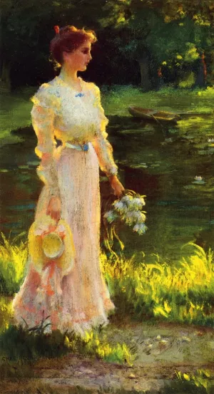 By the Lily Pond by Charles Curran Oil Painting