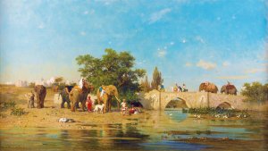 Elephants By A River by Charles De Tournemine Oil Painting