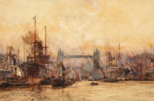Tower Bridge, the Pool of London by Charles Dixon Oil Painting