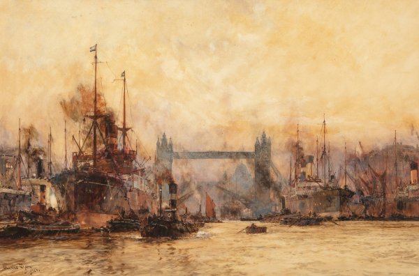 Tower Bridge, the Pool of London  by Charles Dixon - Hand-Painted Oil Painting Reproduction