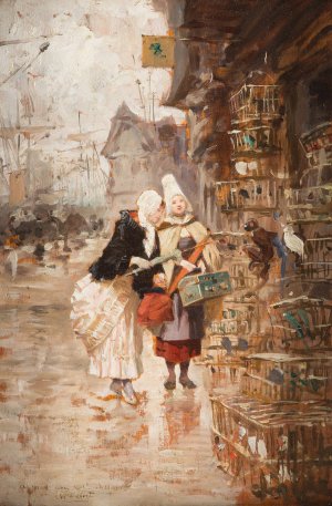 Two ladies admiring exotic birds by Charles Edouard Delort Oil Painting
