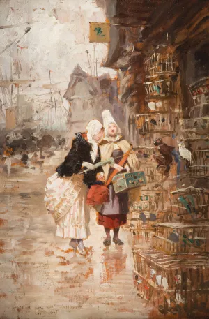 Two ladies admiring exotic birds Oil painting by Charles Edouard Delort