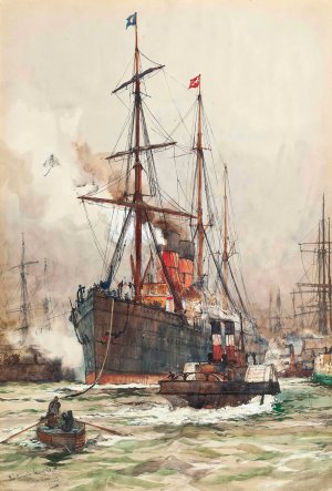 The Aurania Under Escort As She Leaves The Harbour At Liverpool by Charles Edward Dixon Oil Painting