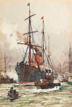 The Aurania Under Escort As She Leaves The Harbour At Liverpool by Charles Edward Dixon Oil Painting