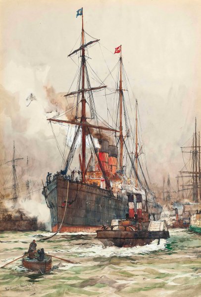 The Aurania Under Escort As She Leaves The Harbour At Liverpool  by Charles Edward Dixon - Hand-Painted Oil Painting Reproduction