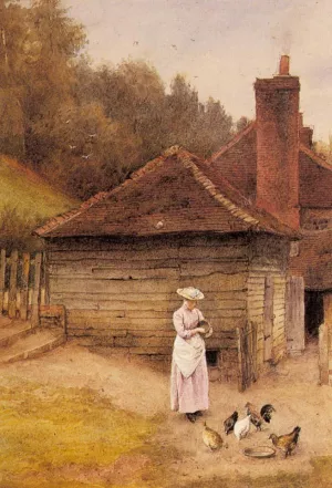 Feeding Chickens by Charles Edward Wilson - Oil Painting Reproduction