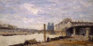 Le Pont de la Tournelle, l'Ile Saint-Louis et l'Estacade, vus de l'ile Louviers. Oil painting by Charles-Emile Cuisin