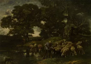 A Shepherd and His Flock by a Pond