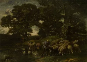 A Shepherd and His Flock by a Pond by Charles Emile Jacque - Oil Painting Reproduction