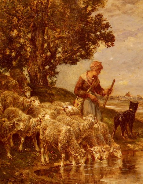 Main Product Photo of A Shepherdess Watering Her Flock Painting by Charles Emile Jacque