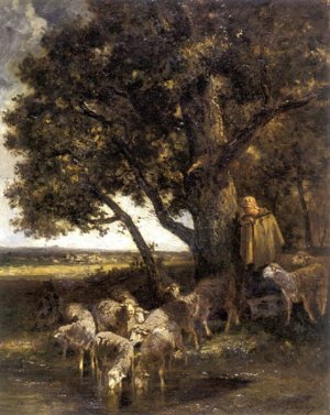 A Shepherdess with Her Flock by a Pool