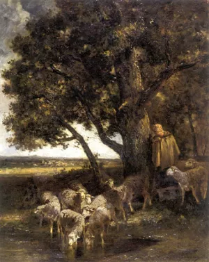 A Shepherdess with Her Flock by a Pool by Charles Emile Jacque Oil Painting