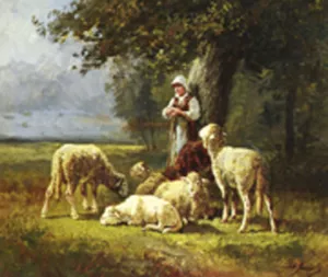 A Shepherdess with Her Flock in a Woodland Clearing painting by Charles Emile Jacque