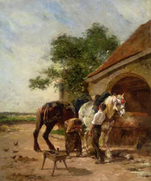 Attending to the Horses by Charles Emile Jacque - Oil Painting Reproduction