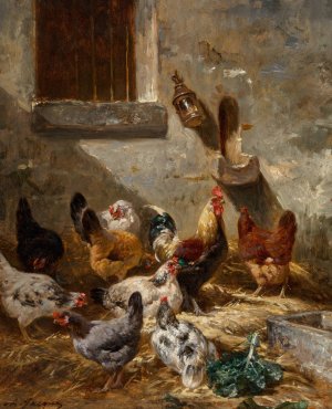 Coq et poules dans la basse-cour by Charles Emile Jacque Oil Painting
