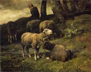 Grazing Sheep with a Sheperdhess Beyond by Charles Emile Jacque - Oil Painting Reproduction
