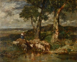 Moutons a l'abreuvoir by Charles Emile Jacque Oil Painting
