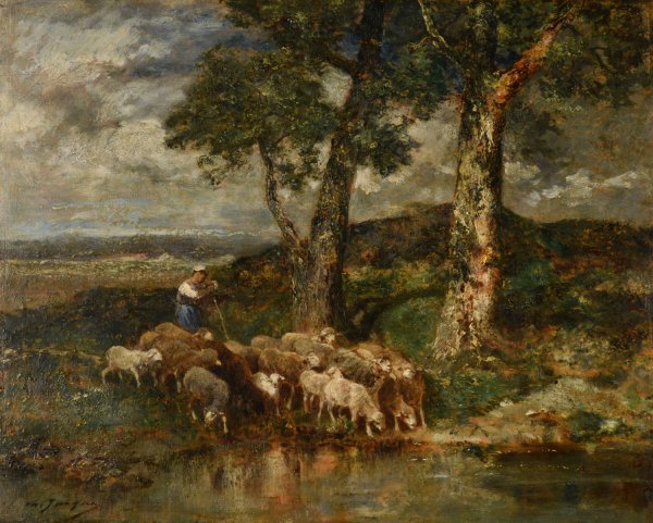Main Product Photo of Moutons a l'abreuvoir  Painting by Charles Emile Jacque